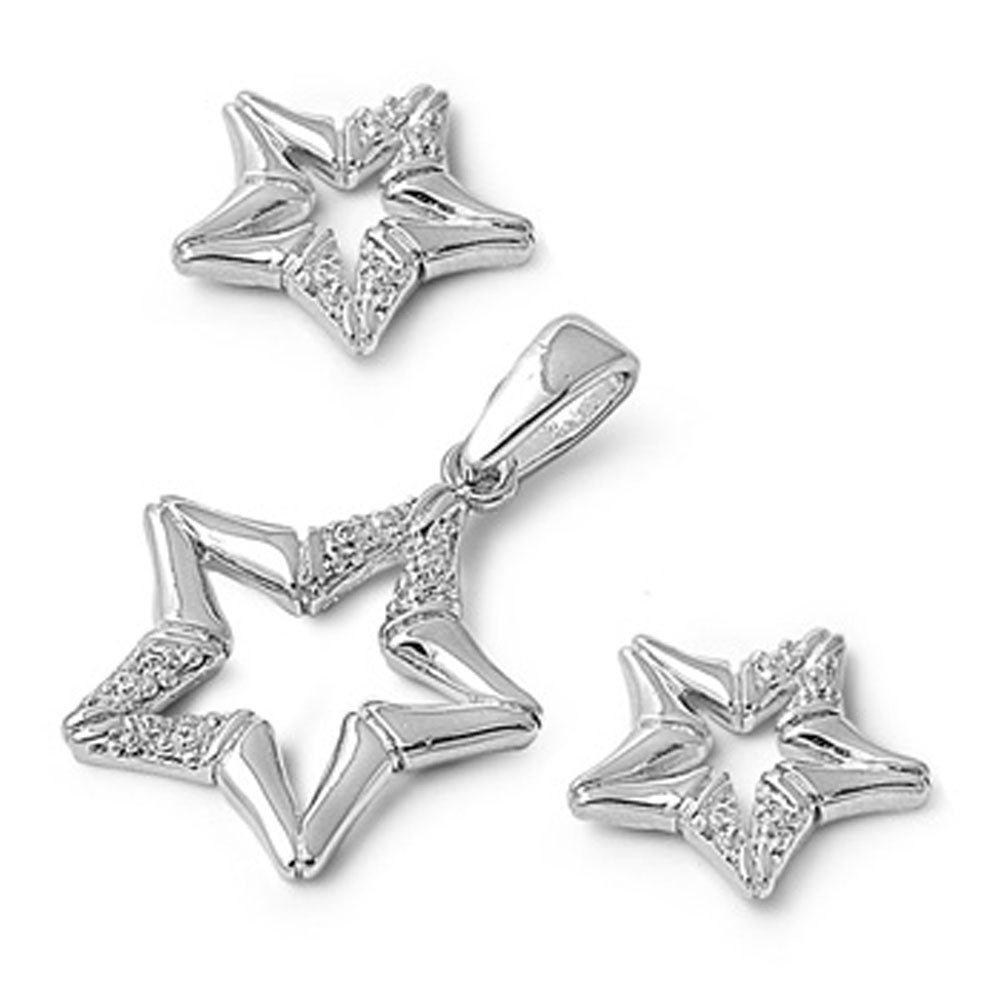 Star Earrings Clear Simulated CZ .925 Sterling Silver Pendant Set