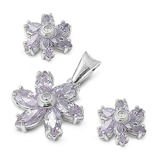 Flower Earrings Simulated Lavender Clear Simulated CZ .925 Sterling Silver Pendant Set