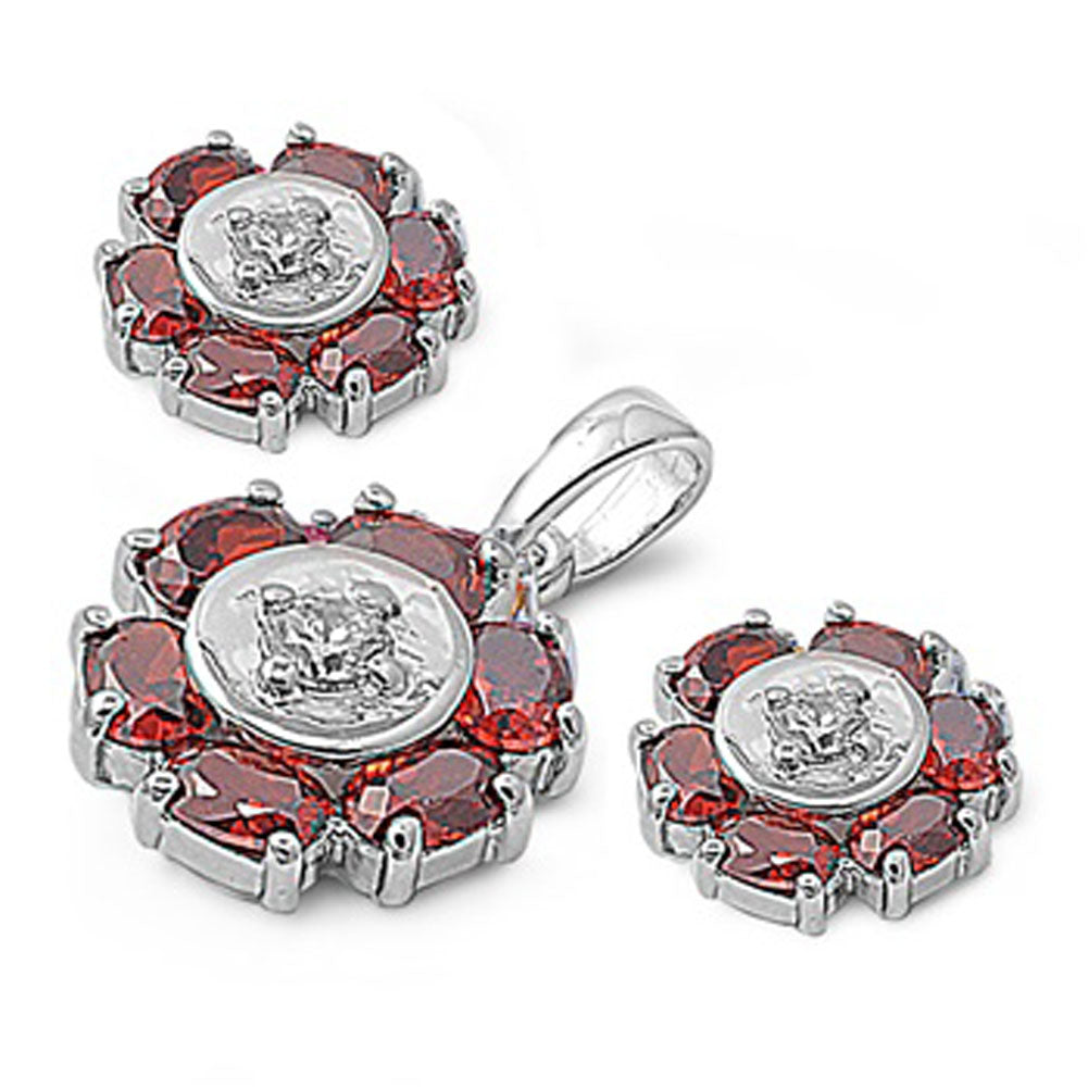 Round Earrings Simulated Garnet Clear Simulated CZ .925 Sterling Silver Pendant Set