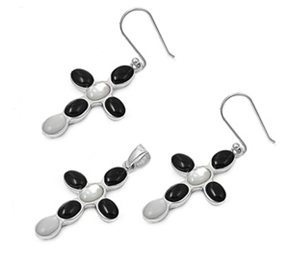 Cross Earrings Black Simulated Onyx Simulated Mother of Pearl .925 Sterling Silver Pendant Set