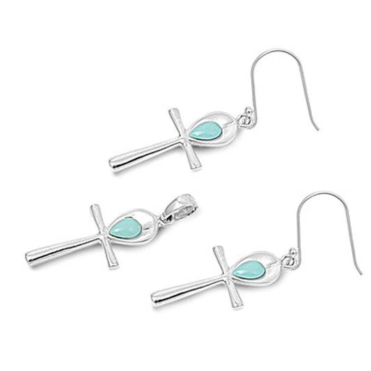 Cross Ankh Earrings Simulated Turquoise .925 Sterling Silver Pendant Set