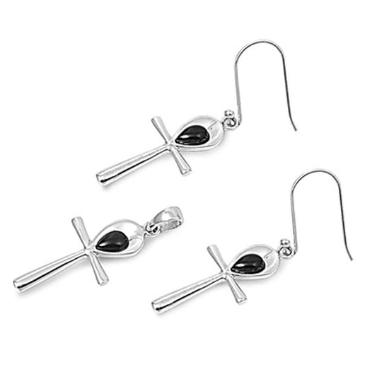 Cross Ankh Earrings Black Simulated Onyx .925 Sterling Silver Pendant Set