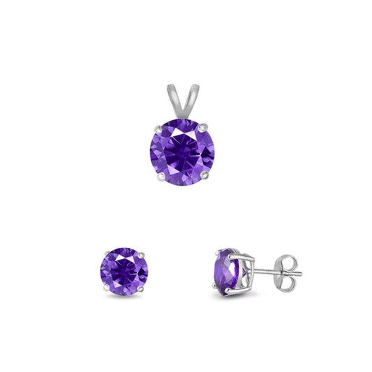 Solitaire Round Earrings Simulated Amethyst .925 Sterling Silver Pendant Set