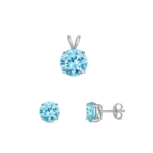 Solitaire Round Earrings Simulated Aquamarine .925 Sterling Silver Pendant Set