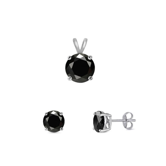 Solitaire Round Earrings Black Simulated CZ .925 Sterling Silver Pendant Set