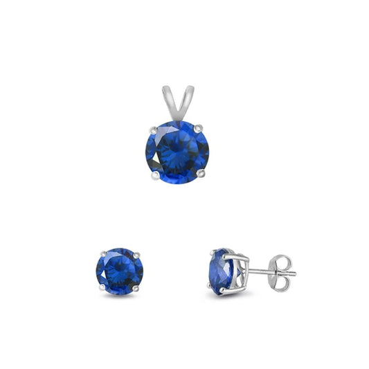 Solitaire Round Earrings Blue Simulated Sapphire .925 Sterling Silver Pendant Set