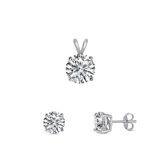 Solitaire Round Earrings Clear Simulated CZ .925 Sterling Silver Pendant Set