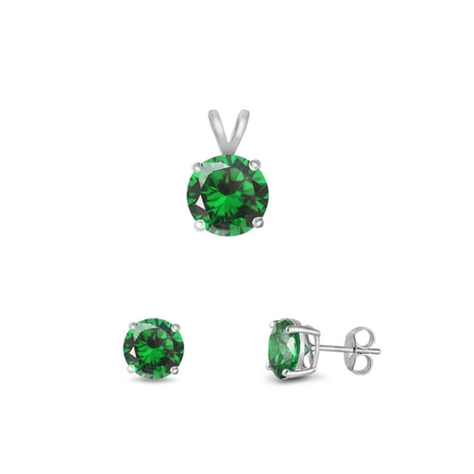 Solitaire Round Earrings Simulated Emerald .925 Sterling Silver Pendant Set