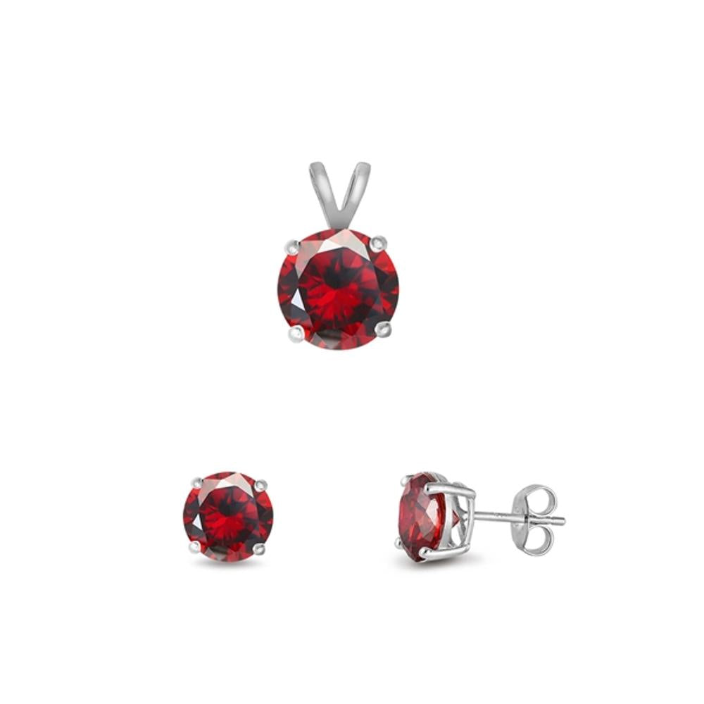 Solitaire Round Earrings Simulated Garnet .925 Sterling Silver Pendant Set