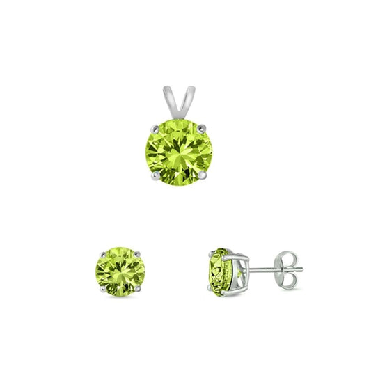 Solitaire Round Earrings Simulated Peridot .925 Sterling Silver Pendant Set
