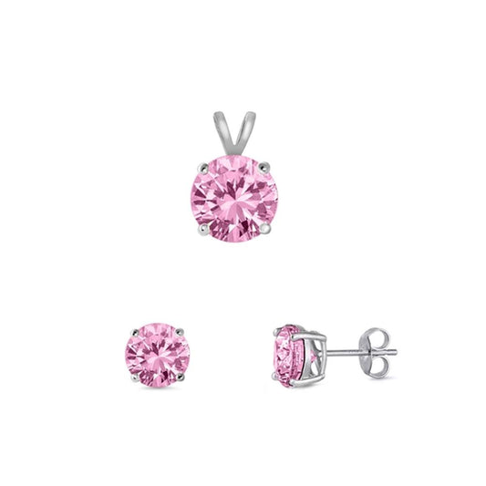 Solitaire Round Earrings Pink Simulated CZ .925 Sterling Silver Pendant Set