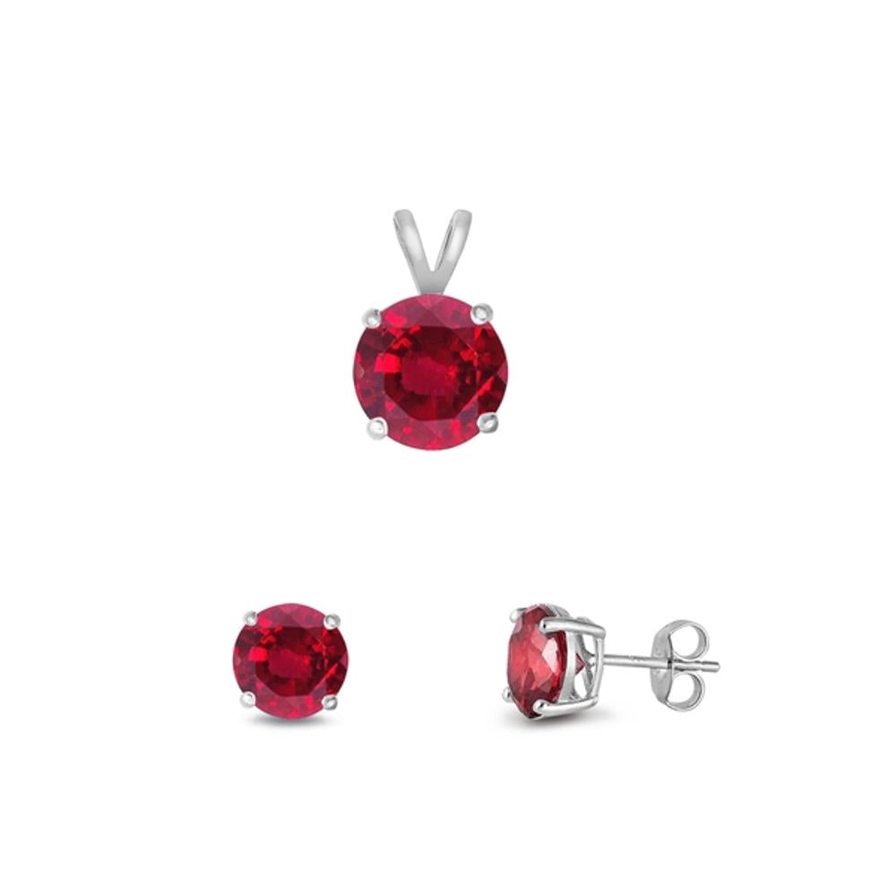 Solitaire Round Earrings Simulated Ruby .925 Sterling Silver Pendant Set