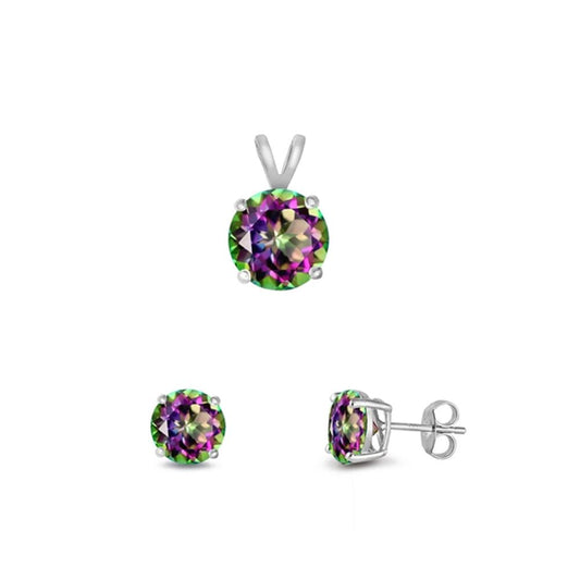 Solitaire Round Earrings Rainbow Simulated Topaz .925 Sterling Silver Pendant Set