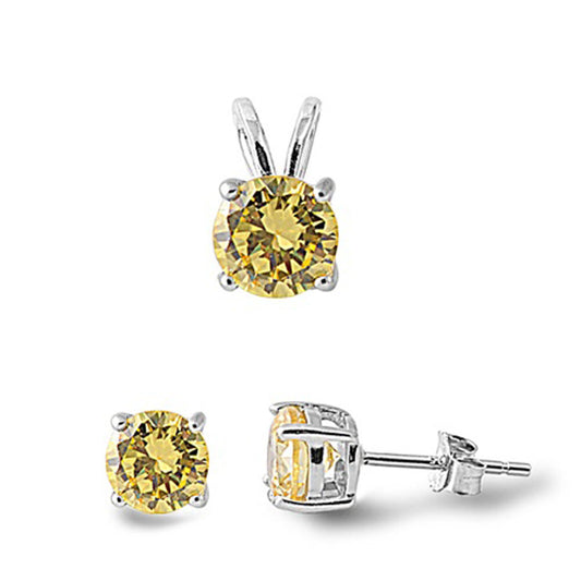 Solitaire Round Earrings Yellow Simulated CZ .925 Sterling Silver Pendant Set