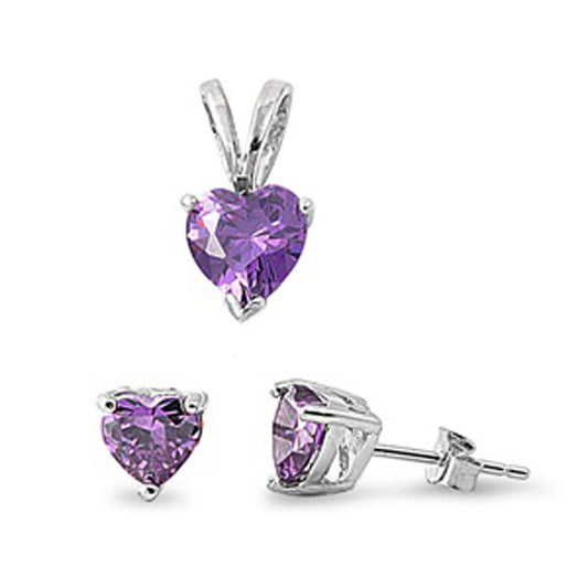 Solitaire Heart Earrings Simulated Amethyst .925 Sterling Silver Pendant Set