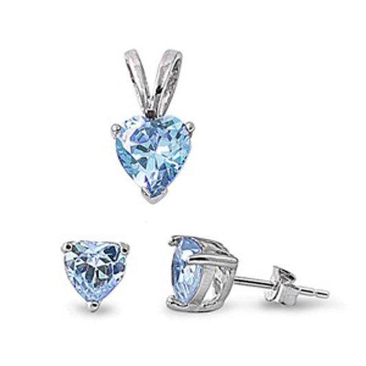Solitaire Heart Earrings Simulated Aquamarine .925 Sterling Silver Pendant Set
