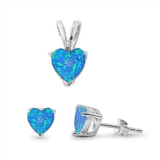 Solitaire Heart Earrings Blue Simulated Opal .925 Sterling Silver Pendant Set