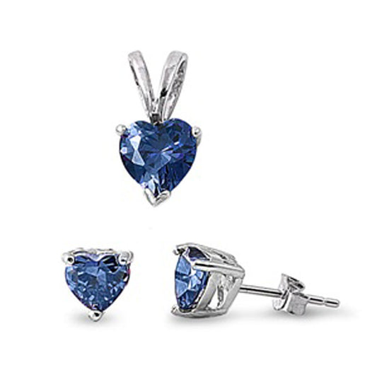 Solitaire Heart Earrings Blue Simulated Sapphire .925 Sterling Silver Pendant Set