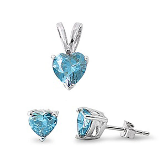 Solitaire Heart Earrings Blue Simulated Topaz .925 Sterling Silver Pendant Set