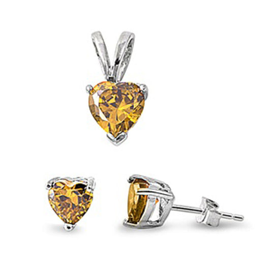 Solitaire Heart Earrings Champagne Simulated CZ .925 Sterling Silver Pendant Set