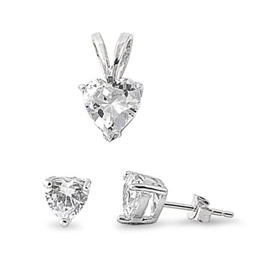 Solitaire Heart Earrings Clear Simulated CZ .925 Sterling Silver Pendant Set