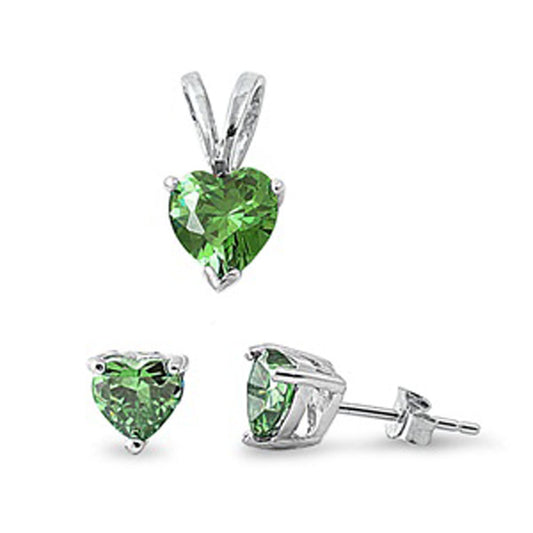 Solitaire Heart Earrings Simulated Emerald .925 Sterling Silver Pendant Set