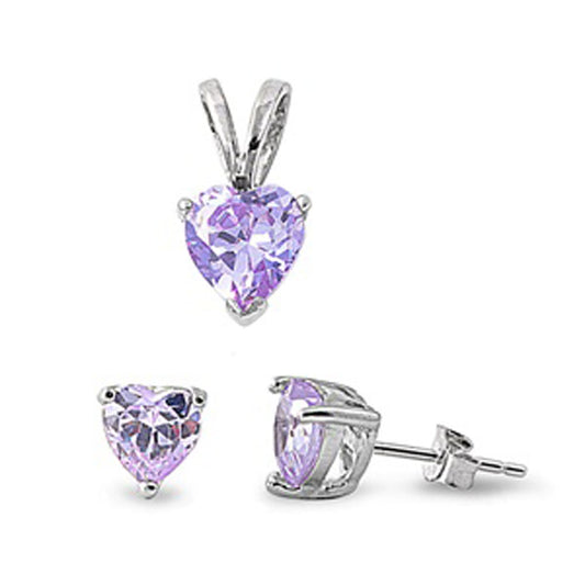 Solitaire Heart Earrings Simulated Lavender .925 Sterling Silver Pendant Set