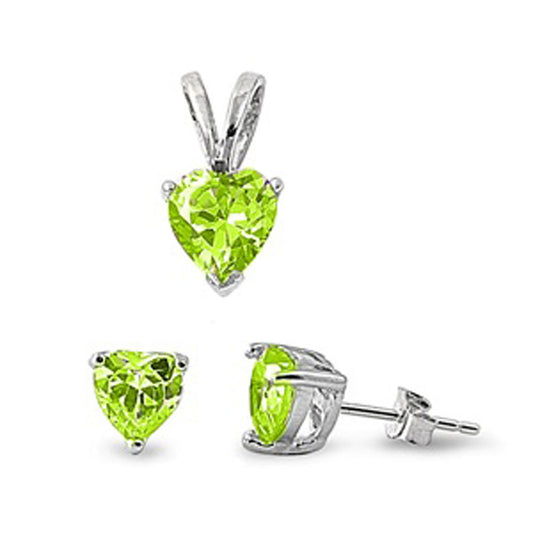 Solitaire Heart Earrings Simulated Peridot .925 Sterling Silver Pendant Set