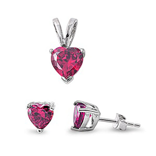 Solitaire Heart Earrings Simulated Ruby .925 Sterling Silver Pendant Set
