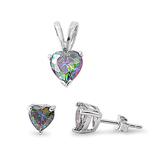 Solitaire Heart Earrings Rainbow Simulated Topaz .925 Sterling Silver Pendant Set