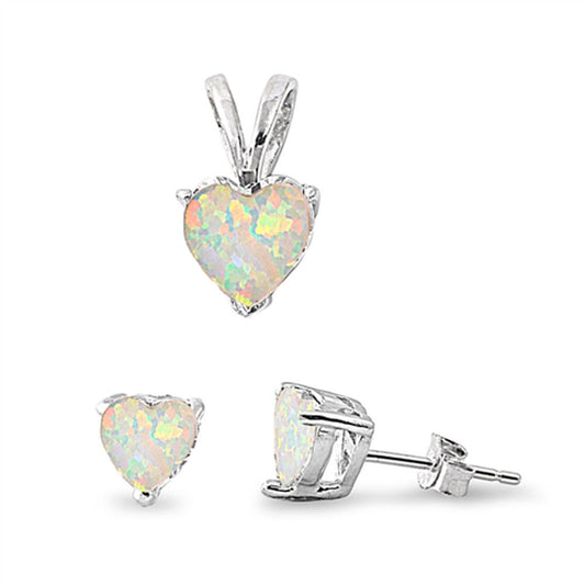 Solitaire Heart Earrings White Simulated Opal .925 Sterling Silver Pendant Set