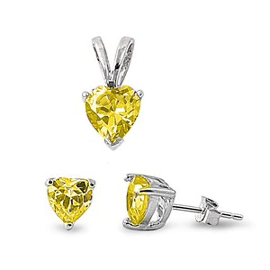 Solitaire Heart Earrings Yellow Simulated CZ .925 Sterling Silver Pendant Set