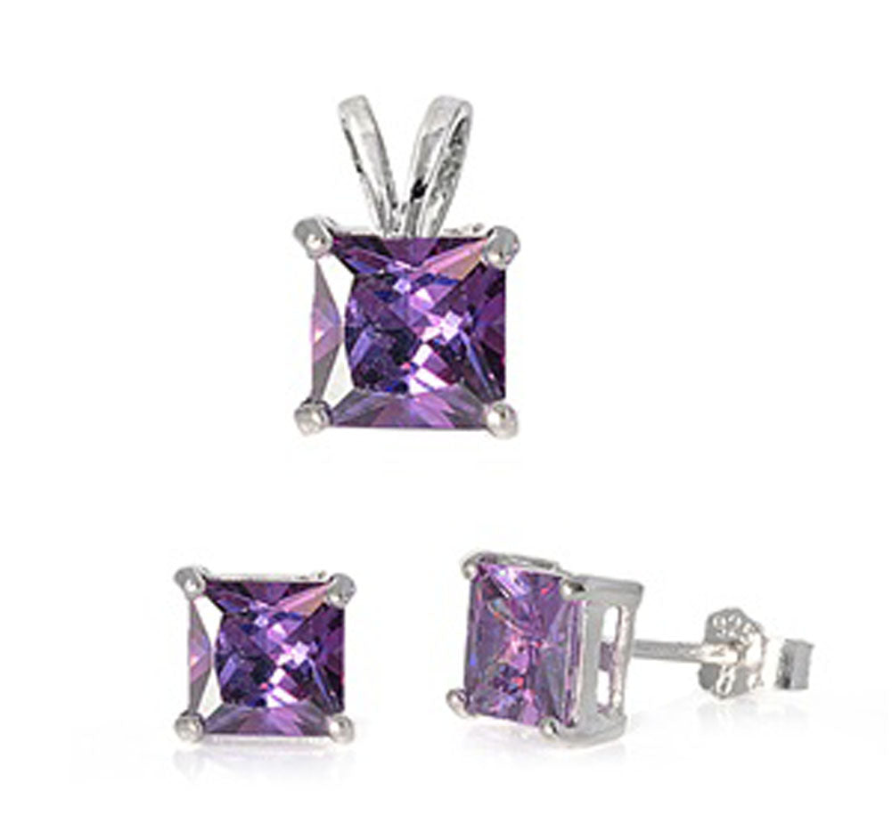 Solitaire Square Princess Cut Earrings Simulated Amethyst .925 Sterling Silver Pendant Set