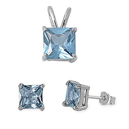 Solitaire Square Princess Cut Earrings Simulated Aquamarine .925 Sterling Silver Pendant Set