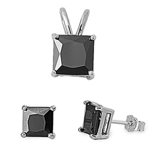Solitaire Square Princess Cut Earrings Black Simulated CZ .925 Sterling Silver Pendant Set
