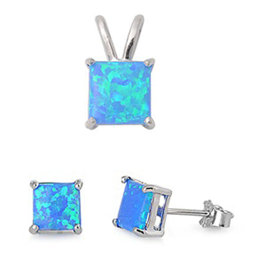 Solitaire Square Princess Cut Earrings Blue Simulated Opal .925 Sterling Silver Pendant Set