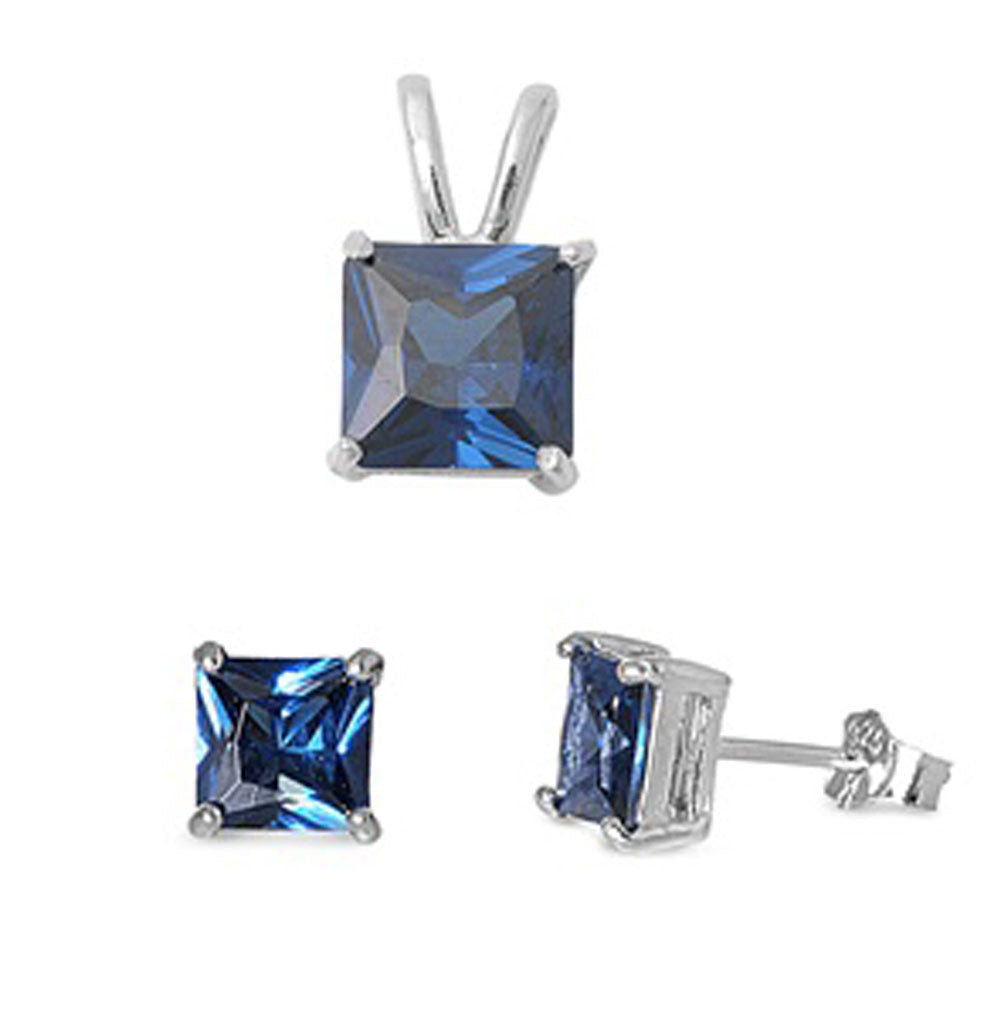Solitaire Square Princess Cut Earrings Blue Simulated Sapphire .925 Sterling Silver Pendant Set