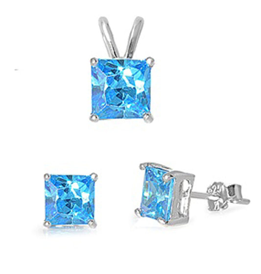 Solitaire Square Princess Cut Earrings Blue Simulated Topaz .925 Sterling Silver Pendant Set