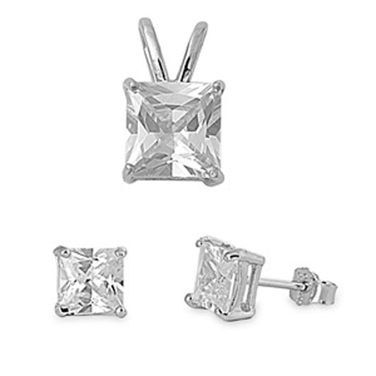 Sparkly Classic Square Bridal Clear Simulated CZ .925 Sterling Silver Earrings Pendant Set