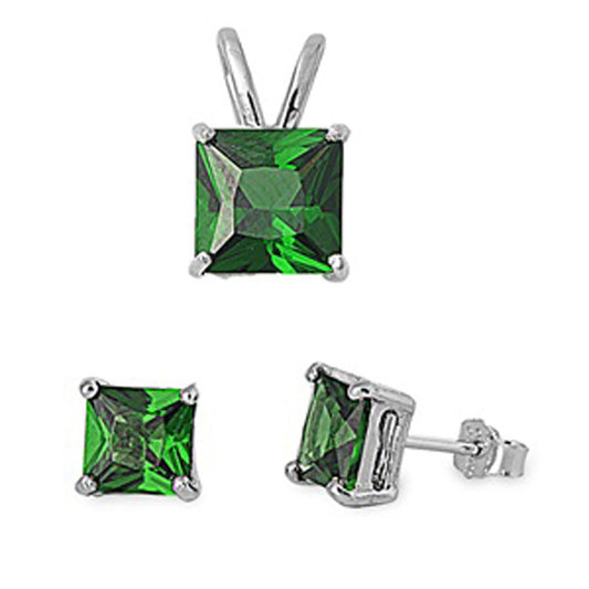 Solitaire Square Princess Cut Earrings Simulated Emerald .925 Sterling Silver Pendant Set
