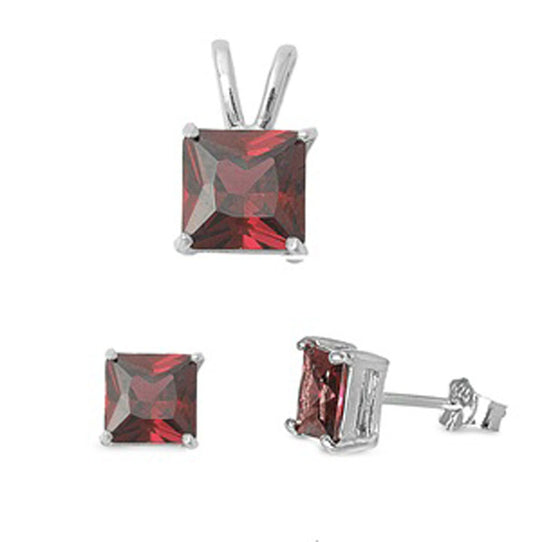 Solitaire Square Princess Cut Earrings Simulated Garnet .925 Sterling Silver Pendant Set