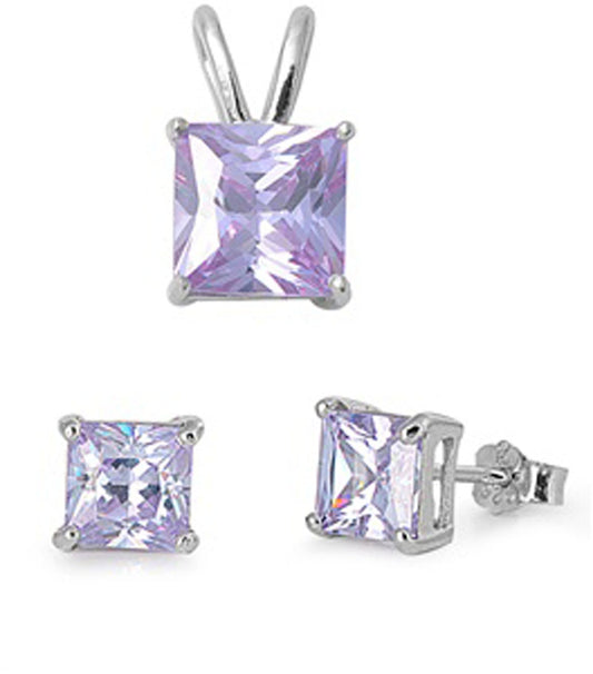Solitaire Square Princess Cut Earrings Simulated Lavender .925 Sterling Silver Pendant Set