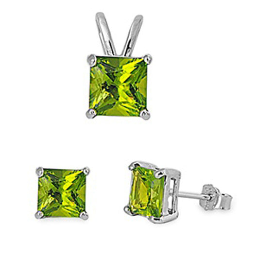 Solitaire Square Princess Cut Earrings Simulated Peridot .925 Sterling Silver Pendant Set