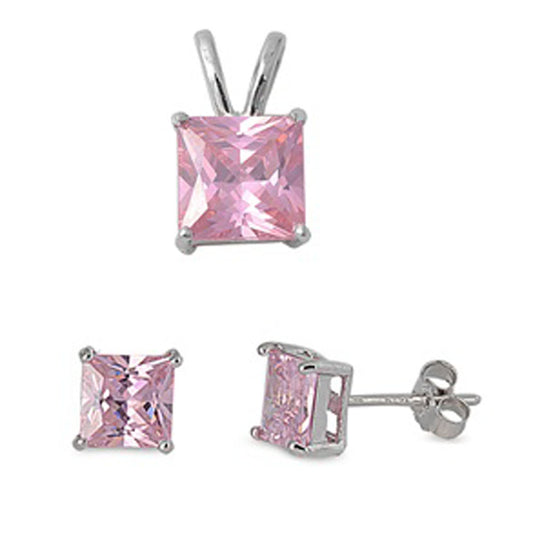 Solitaire Square Princess Cut Earrings Pink Simulated CZ .925 Sterling Silver Pendant Set