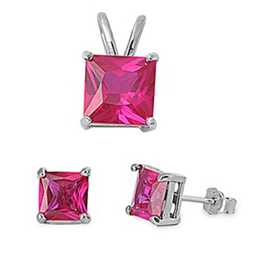 Solitaire Square Princess Cut Earrings Simulated Ruby .925 Sterling Silver Pendant Set
