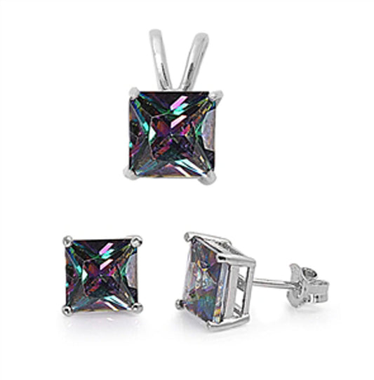Solitaire Square Princess Cut Earrings Rainbow Simulated Topaz .925 Sterling Silver Pendant Set