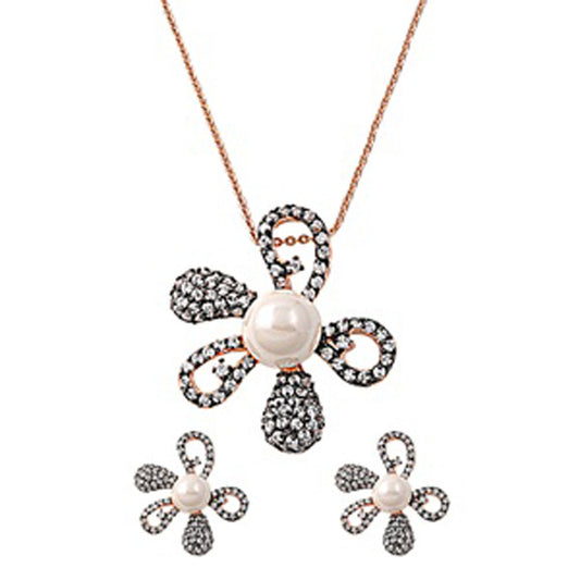 Rose Gold-Tone Flower Micro Pave Earrings Simulated Pearl Clear Simulated CZ .925 Sterling Silver Pendant Set