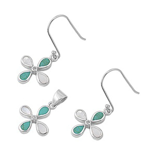 Cross Hanging Earrings Simulated Turquoise Simulated Mother of Pearl .925 Sterling Silver Pendant Set