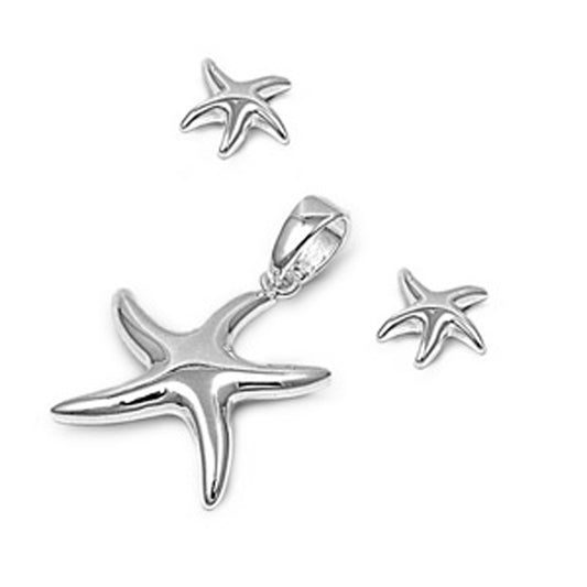Animal Shiny Starfish Star .925 Sterling Silver Ocean Seashell Beach Earrings Pendant Set
