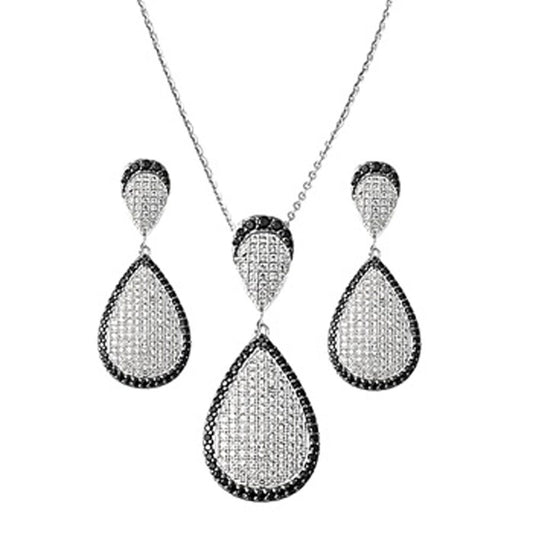 Teardrop Micro Pave Hanging Earrings Clear Simulated CZ .925 Sterling Silver Pendant Set